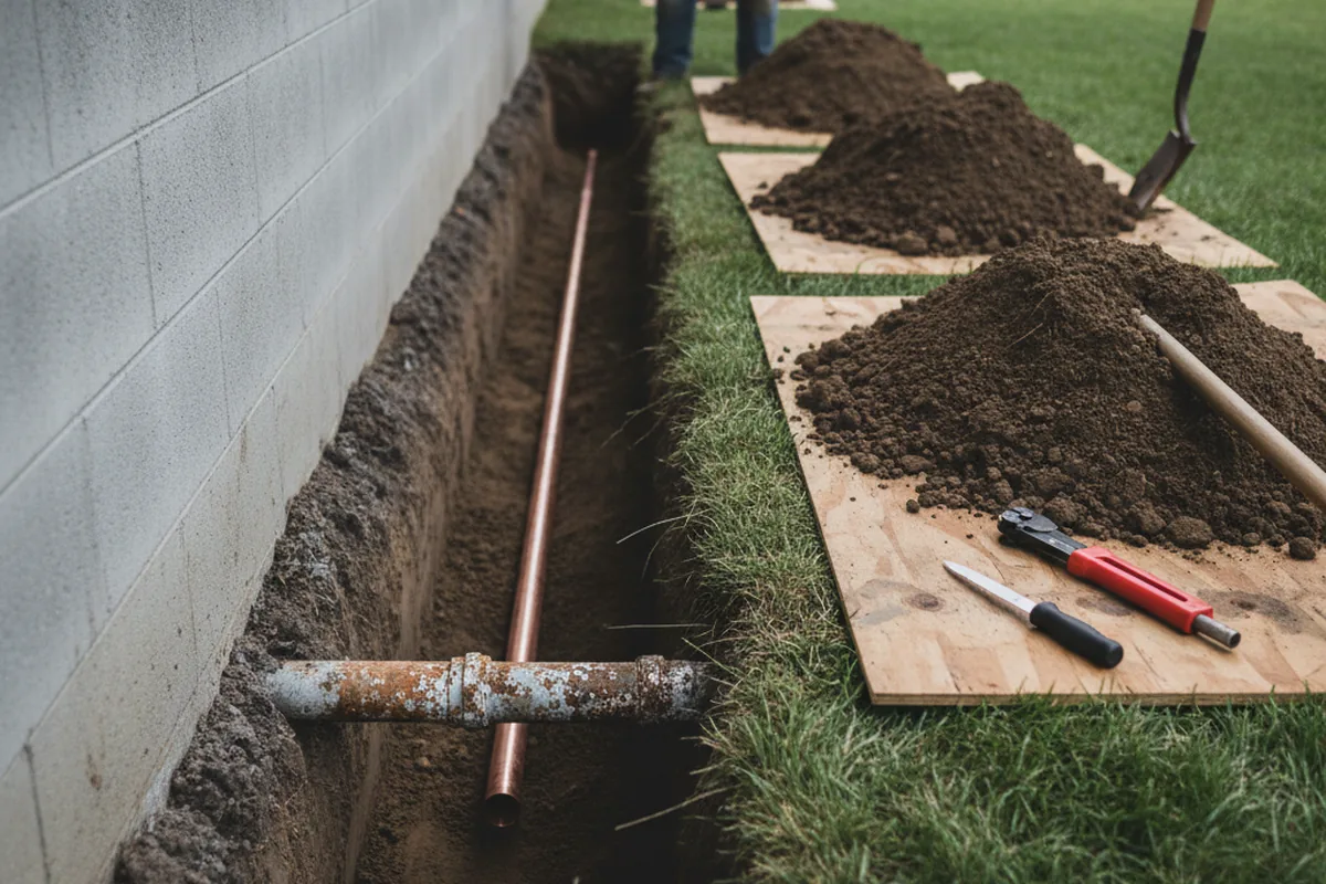 Excavated water line trench during Water Softener Installation in Whick
